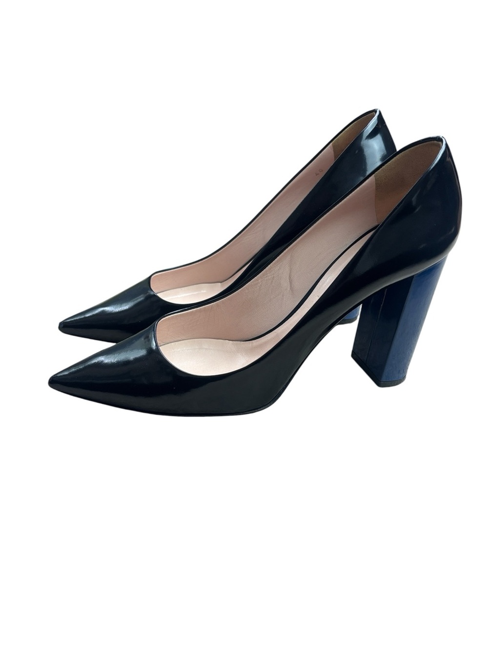 Furla Black Leather Pointed Toe Pumps with Blue Block Heel Sz 40 Made in Italy